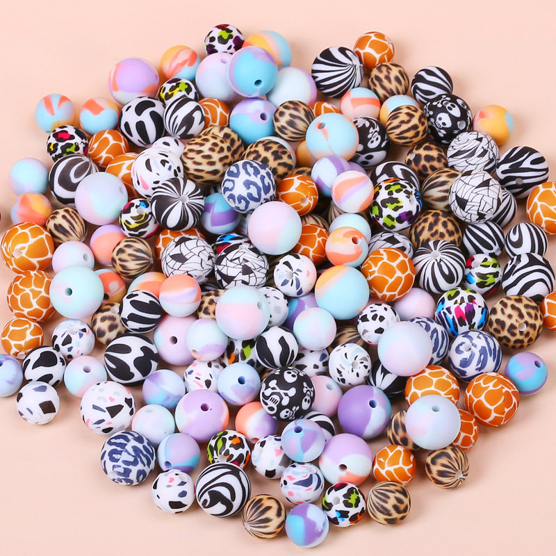 Wholesale 15mm Baby Teething Leopard Print Bead Necklace Food Grade For DIY Jewelry Making Custom Printed Silicone Beads